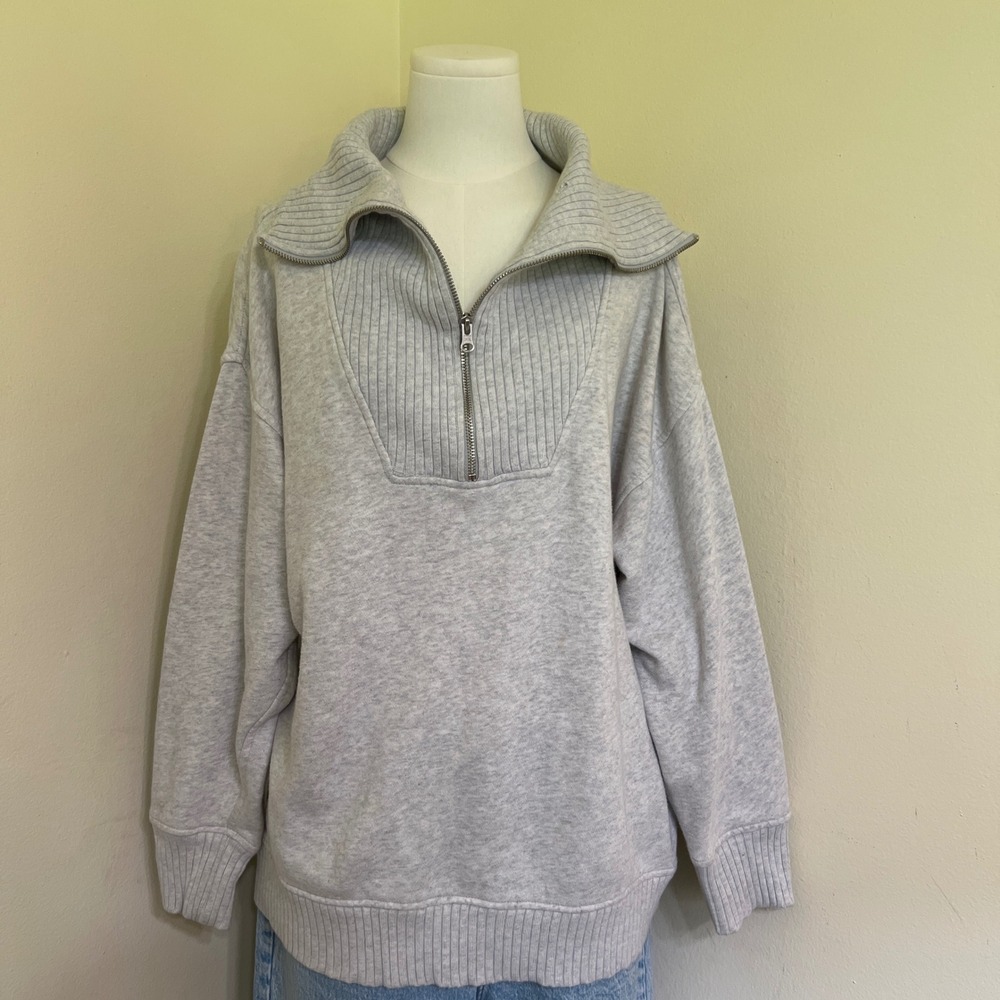 Aerie Womens Quarter Zip Sweatshirt Light Gray Heather Ribbed Trim Size Medium - Picture 1 of 7